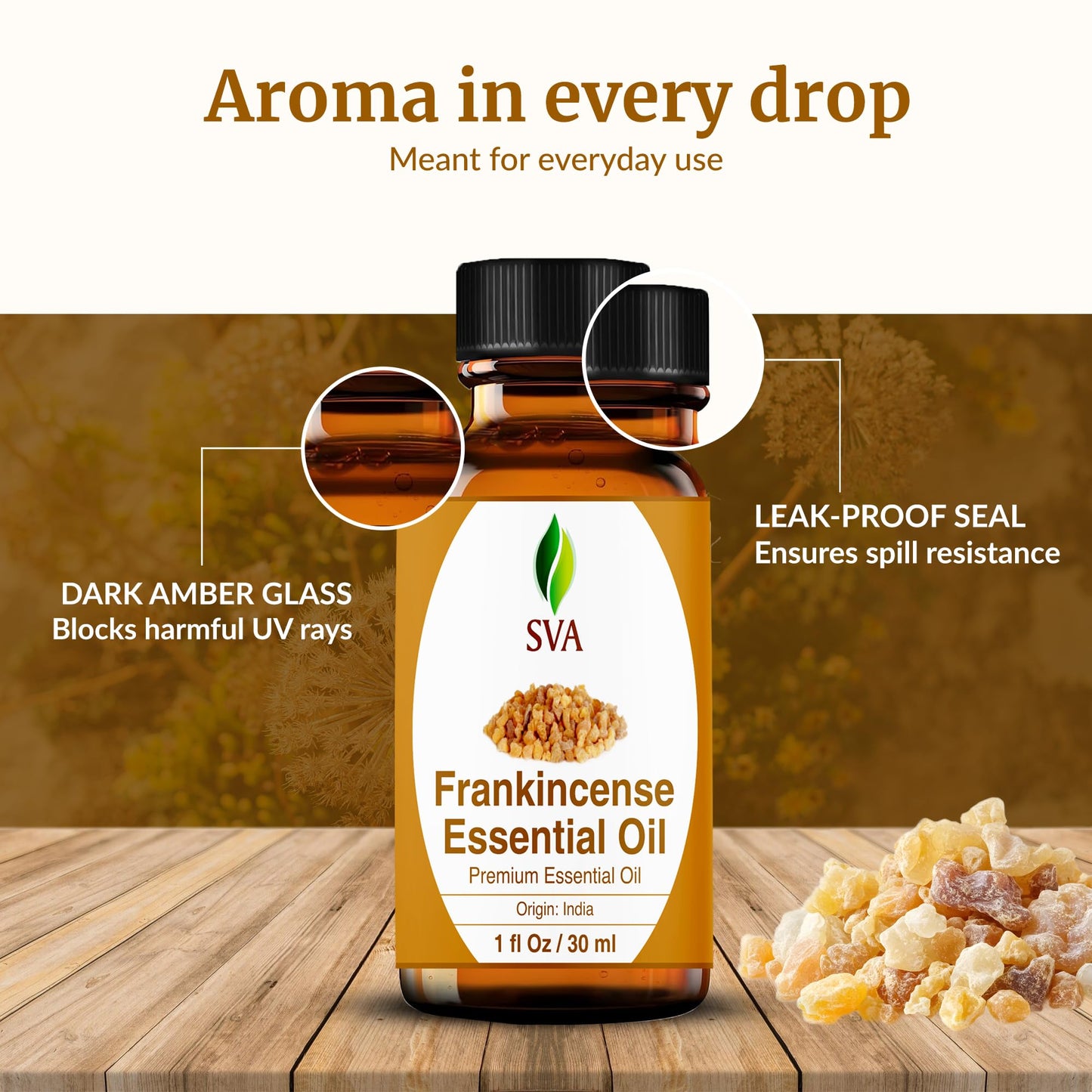 SVA Frankincense Essential Oil – 1 Fl Oz – for Diffuser, Skin & Hair Care – Ideal for Massage & DIY Blends – with Dropper