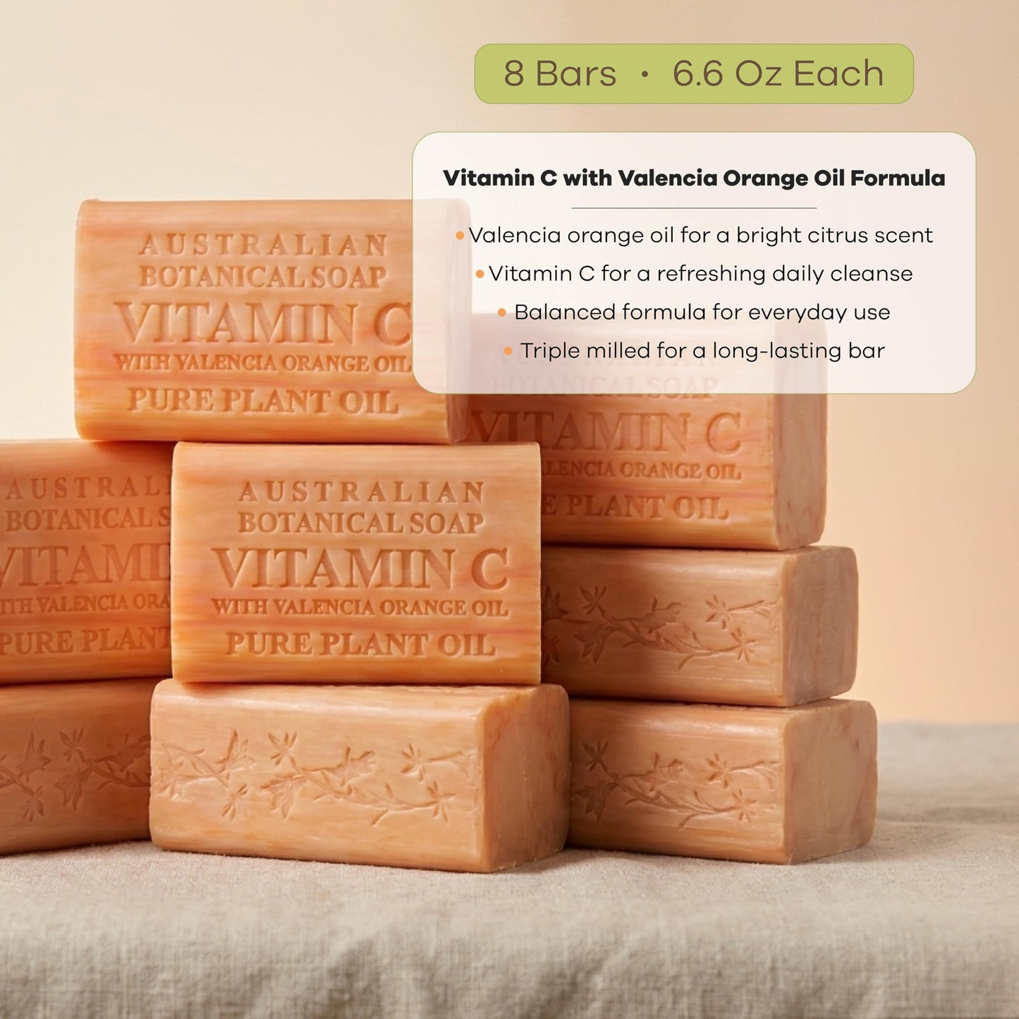 Australian Botanical Soap, 6.6 OZ, Vitamin C and Valencia Orange, Triple Milled Bars made with a Natural Soap Base and Enriched with Organic Shea Butter, Pack of 8
