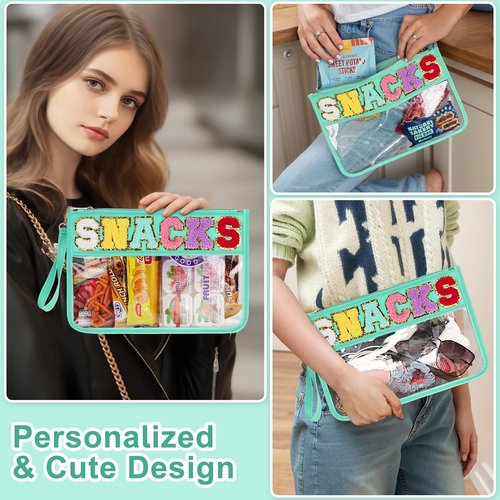 TESAFNG Snack Bag for Travel - Clear Chenille Varsity Letter Flat Pouch with Zipper, Waterproof Clear PVC&PU Preppy Patch Makeup Cosmetic tote Bags for Women (Green-Snacks)