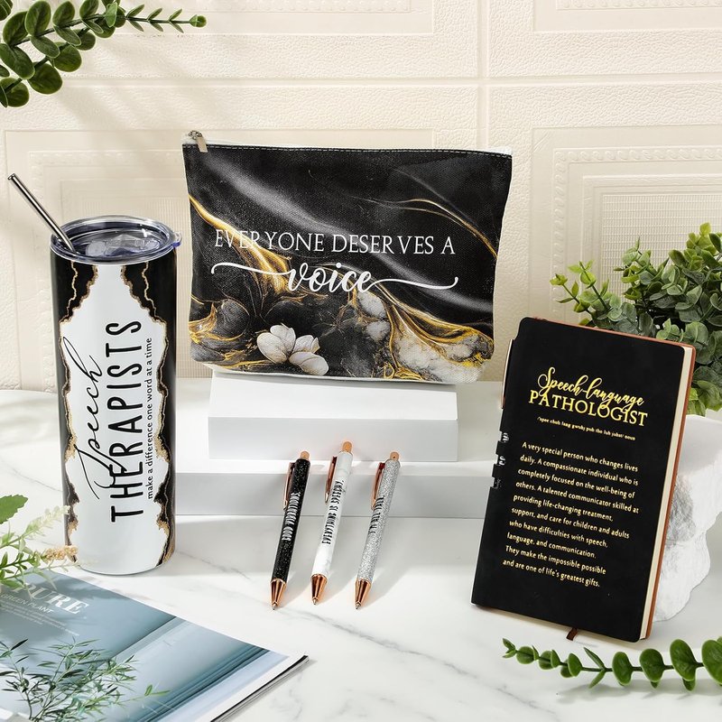 Speech Therapy Gifts - 6-Piece SLP Appreciation Set | 20 oz Tumbler, Makeup Bag, A6 Notebook, Pen - Perfect for Graduation & Birthdays (Black)