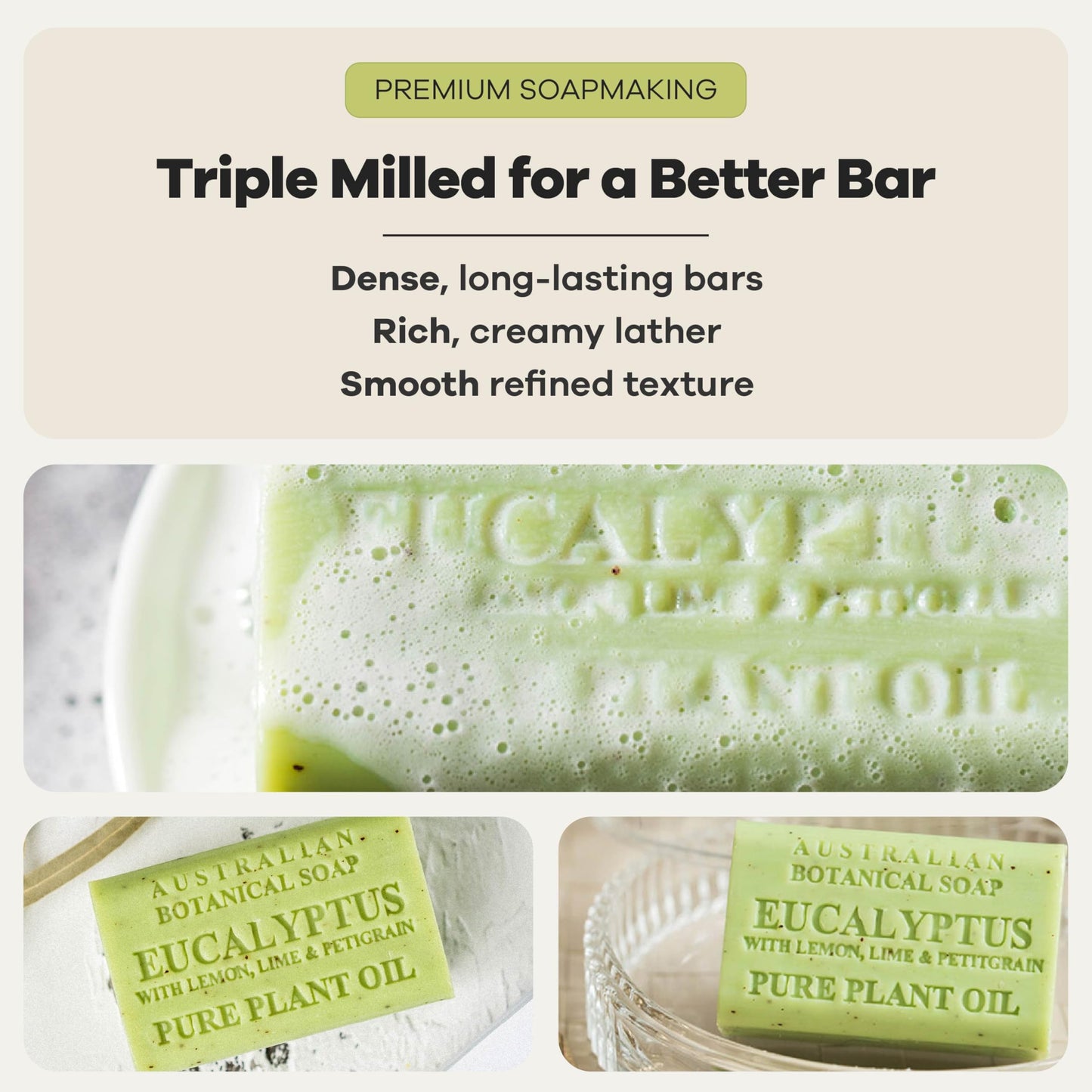 Australian Botanical Soap Eucalyptus with Lemon Lime and Petitgrain 6.6 oz Triple Milled Luxury Soap Bar Enriched with Shea Butter and Natural Oils, Pack of 1