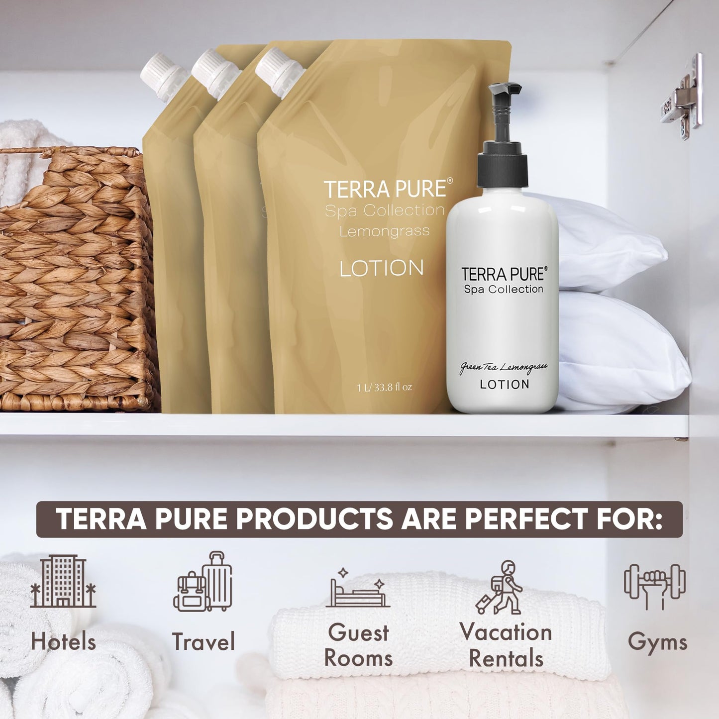 Terra Pure Spa Collection 1 Liter Lotion Refill Bag for Soap Dispensers | Bulk Toiletries for Vacation Rentals and Home Bathroom Showers | Green Tea Lemongrass | Set of 3