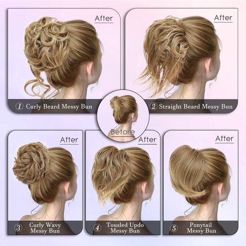 HSLHDI Messy Hair Bun Hair Piece for Women Short Bun Tousled Synthetic Elastic Scrunchies Hairpiece for Women Girls (1-5pcs, 4/30#-Darkest Brown & Light Auburn)…