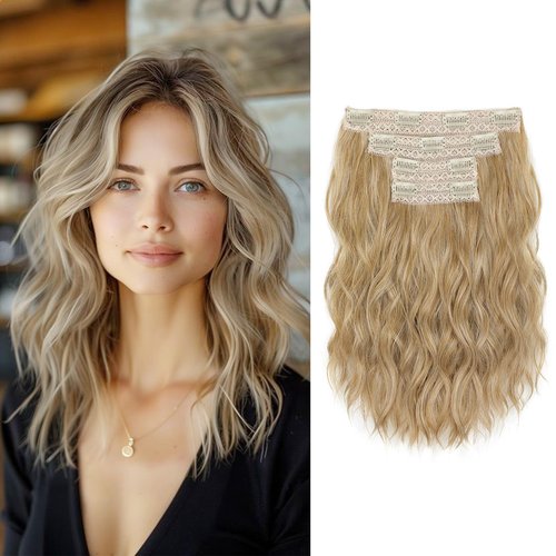 KUIRAN Hair Extensions, Clip in Hair Extensions 12" Short Curly Wavy Blonde Hair Extensions 4PCS Hair Extensions Invisible Lace Weft Natural Soft Hairpieces for Women - Medium Golden Blonde