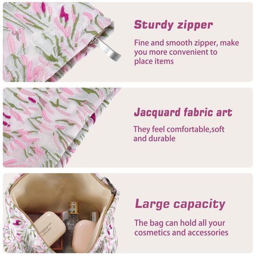 ZLFSRQ Flower Makeup Bag Travel Cute Floral Cosmetic Bags for Women Large Makeup Pouch Zipper Cosmetic Pouch for Purse Aesthetic Embroidery Makeup Organizer Bag Portable Toiletry Bag(Green &Pink)