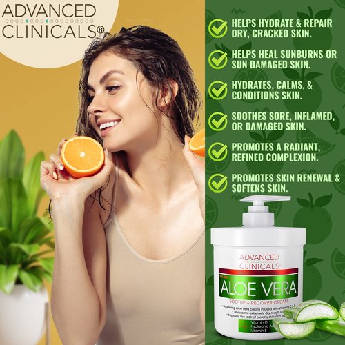 Advanced Clinicals Aloe Vera Lotion Sun Burn Recovery Cream | After Sun Body Lotion W/Vitamin C + Hyaluronic Acid | Sun Damaged Skin Repair Moisturizing Cream | Skin Care Products, Large 16 Oz, 2PC