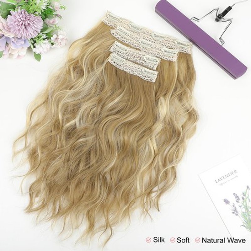 KUIRAN Hair Extensions, Clip in Hair Extensions 14" Short Wavy Hair Extensions 4PCS Hair Extensions Invisible Lace Weft Natural Soft Hairpieces for Women - Medium Blonde with Blonde Highlights