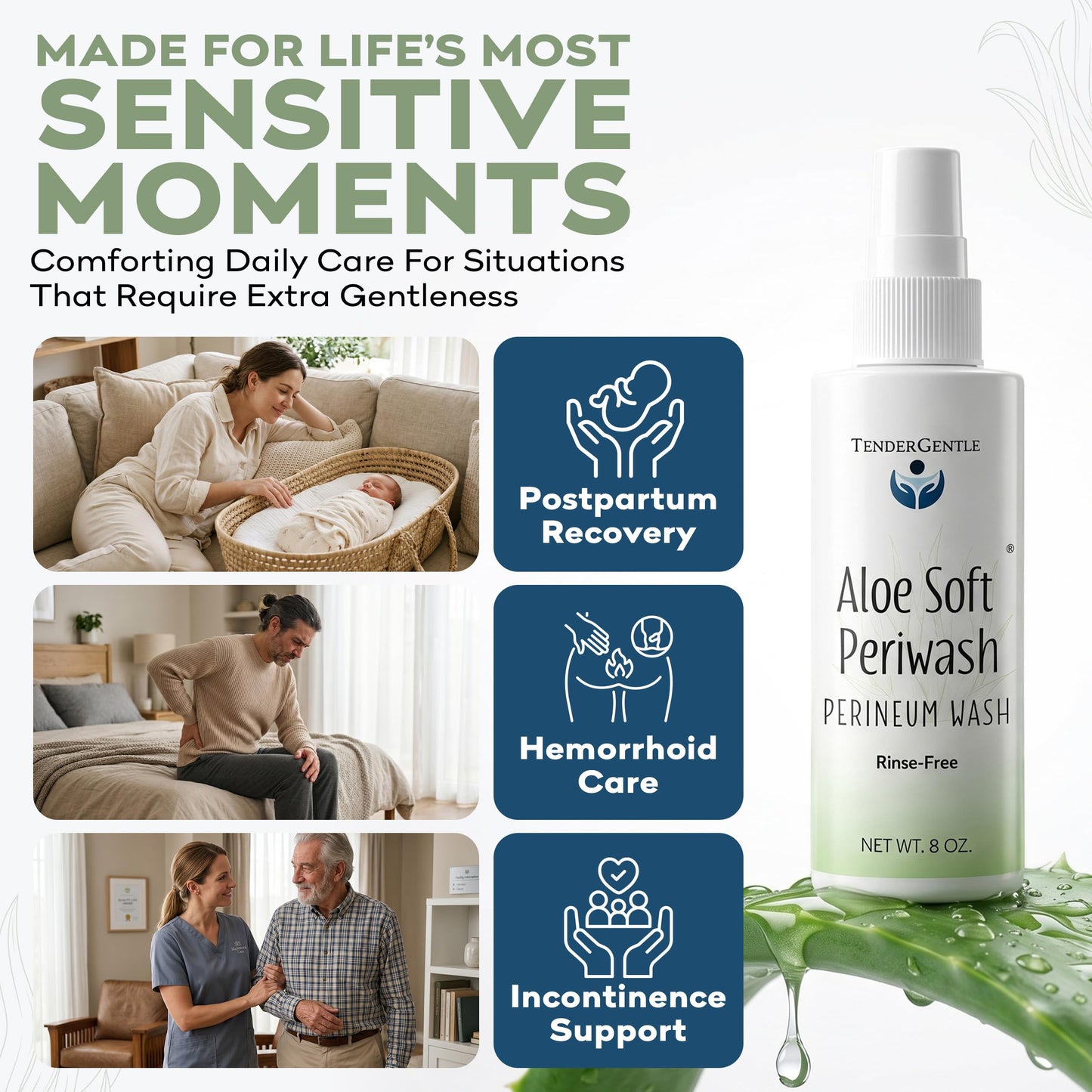 Aloe Soft Perineal Spray - Pack of 2 8 oz Rinse Free Perineum Wash - Cleanses and Soothes - Made with Aloe Vera Extract