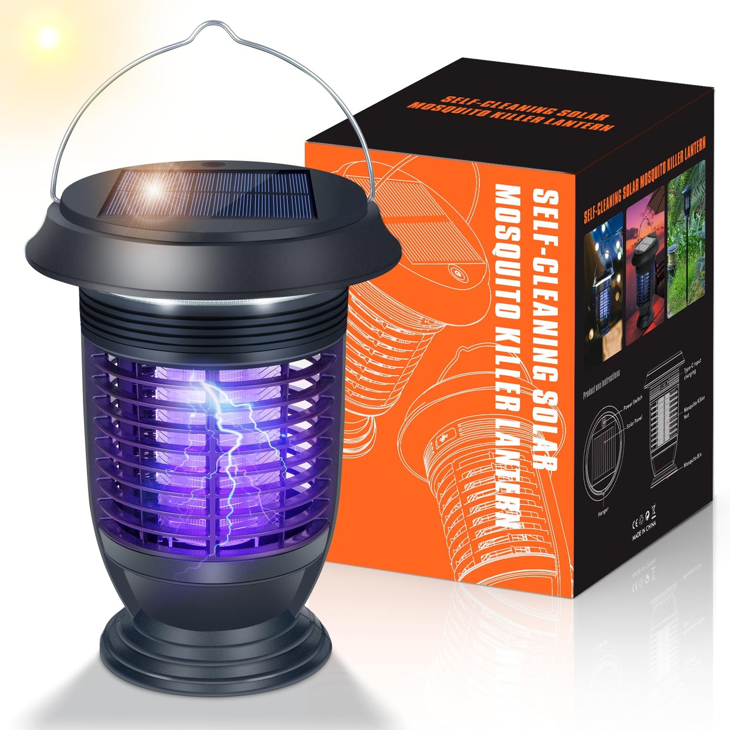 Xuoity Solar Bug Zapper Outdoor Indoor Waterproof, 2 in 1 Mosquito Killer with LED Light, Rechargeable Cordless Fly Zapper with Panel Sensor, Electric Camping Light for Patio, Backyard, Garden