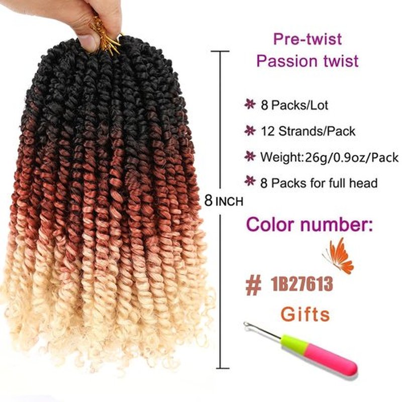 ZRQ Short Passion Twist With Bohemian Hair 8 Inch 8 Packs Ombre Blond Pre-twisted Crochet Passion Twists Synthetic Braiding Hair Curly Ends Braids Twist Hair for Black Women 12 Roots/Pack 1b21613#