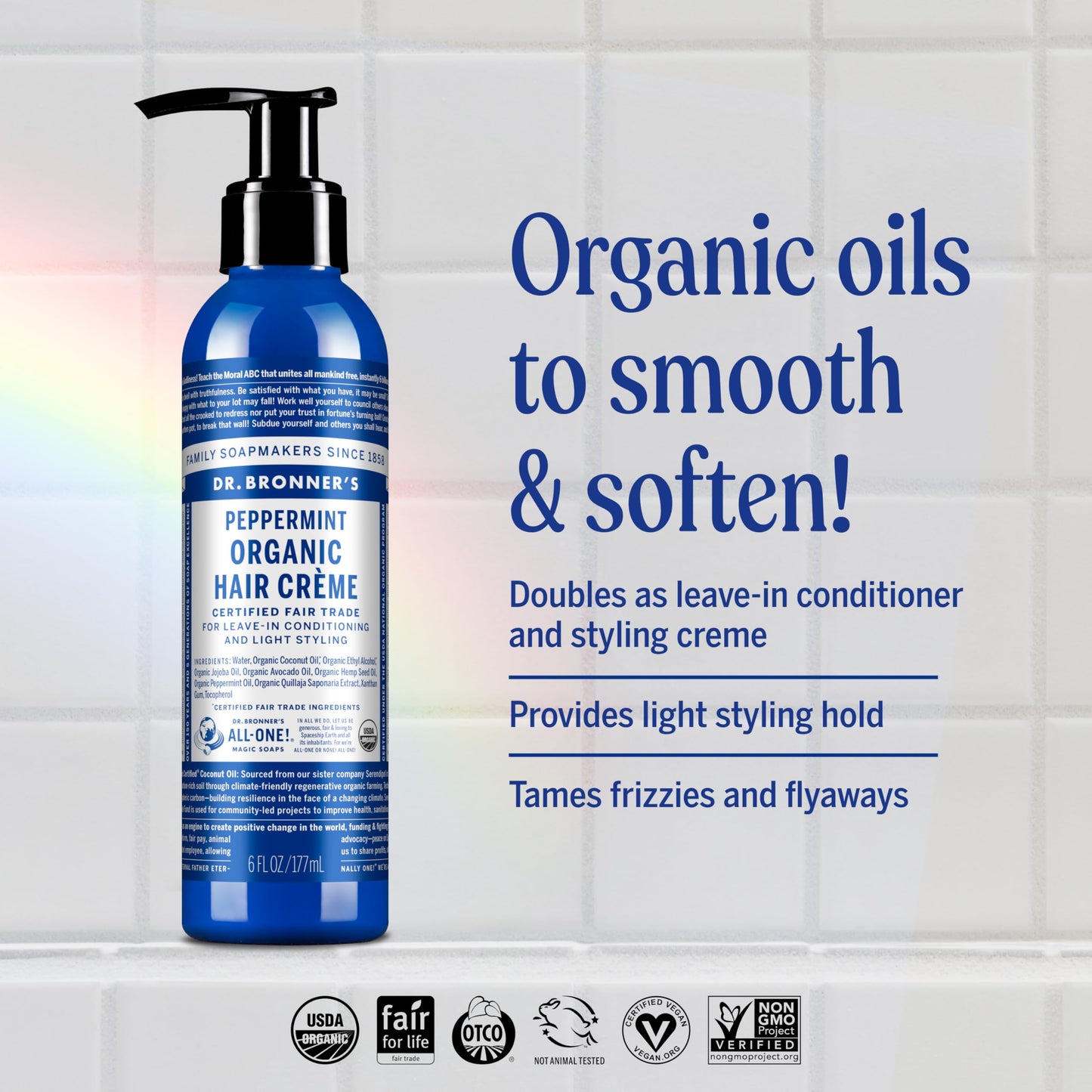 Dr. Bronner's Organic Hair Crème Leave-In Conditioner Styling Cream Anti Frizz Hair Product for Women & Men Hair Cream USDA Organic, Cruelty Free - 6oz 1-Pack