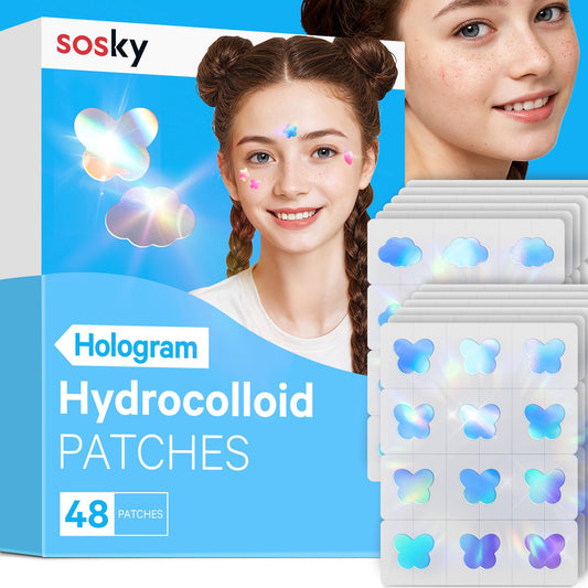 Sosky Hologram Pimple Patches for Face, Hydrocolloid Acne Patches with Salicylic Acid, Cute Star Zit Stickers,Colorful Blemish Covers,48 Count Blue Cloud Butterfly