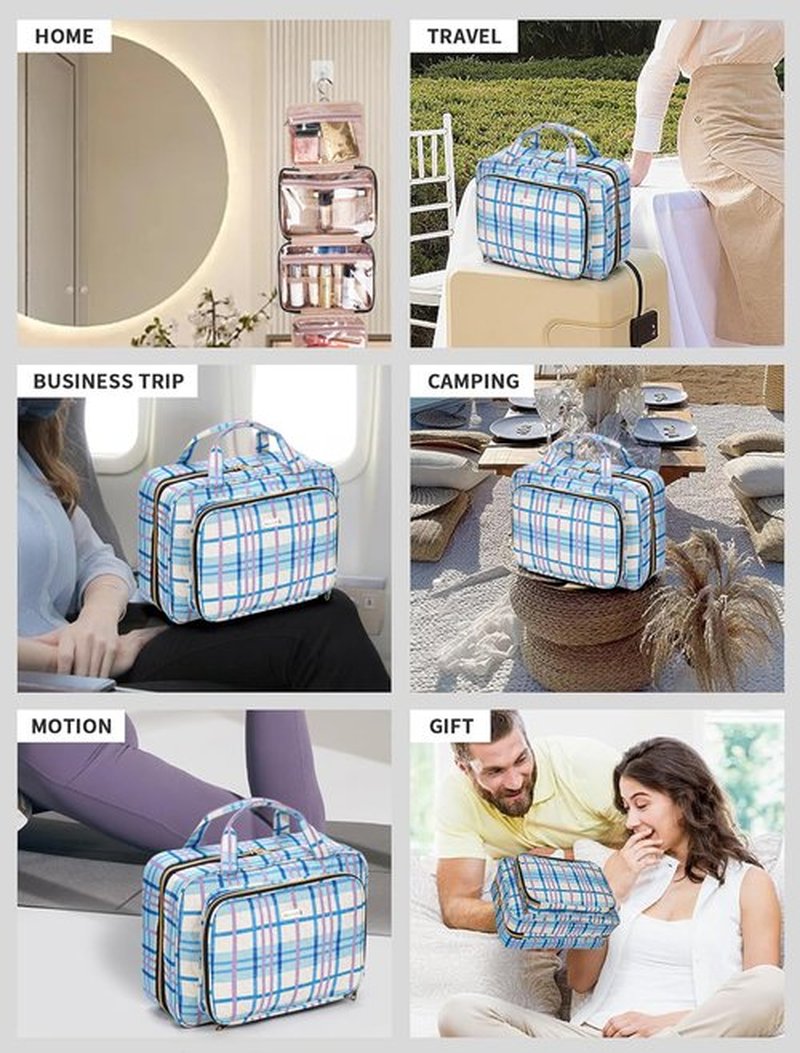BALULHG Toiletry Bag Travel with Hanging Hook, Water-resistant Cosmetic Makeup Bag Organizer for Shampoo, Full Sized Container, Toiletries，Plaid-blue-L