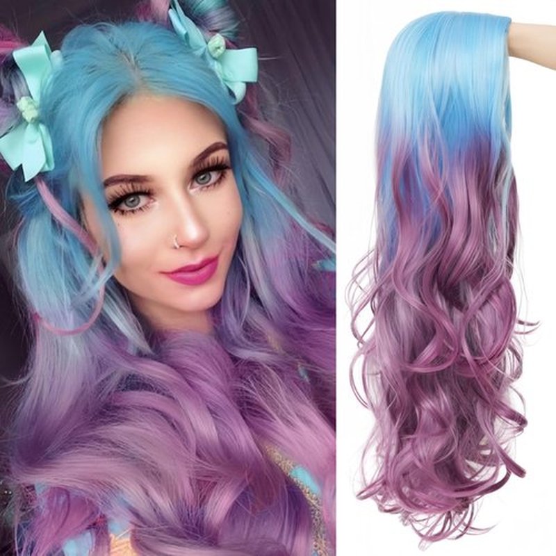 Kaneles Long Curly Wave Purple Wigs for Women Blue To Purple Hair Wigs Middle Part Wavy Wig Tow Color Wigs For Cosplay Daily Party Women Wig