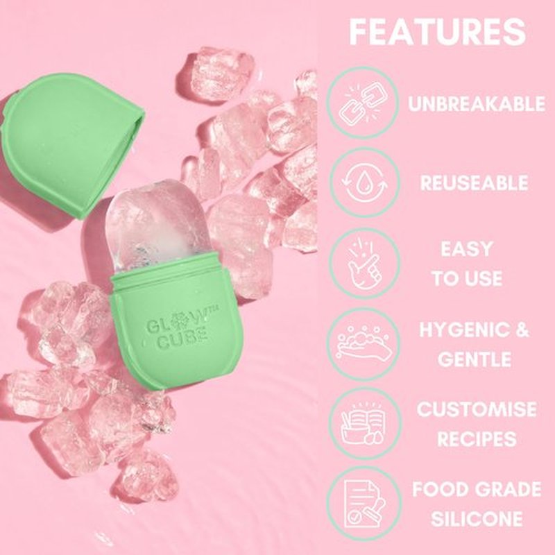 Glow Cube Ice Roller For Face Eyes and Neck To Brighten Skin & Enhance Your Natural Glow/Reusable Facial Tool to Tighten & Tone Skin & De-Puff The Eye Area (Pastel Green)