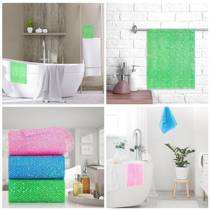 3 Piece Bright Style African exfoliating net Exfoliating Shower Set Long Bath Sponges for Smooth, Refreshed Skin, The Exterior Gleams - Ideal for Daily Use (Bright Pink, Blue, Green)