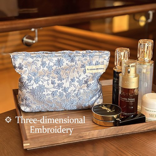 STARDW Makeup Bag for Women and Girls Travel Toiletry Bag Large Capacity Makeup Organizer Bag Flower Cosmetic Bags Zipper Pouch (Embroidery Blue)