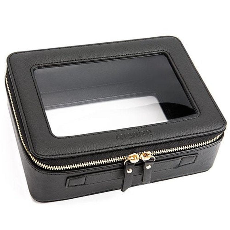 Aveniee Clear Makeup Bag Organizer, Portable Travel Toiletry Cosmetic Bag Case for Women, Heavy Duty Clear Pouch with zipper with Transparent Vinyl Windows & Gold Zippers(Black)