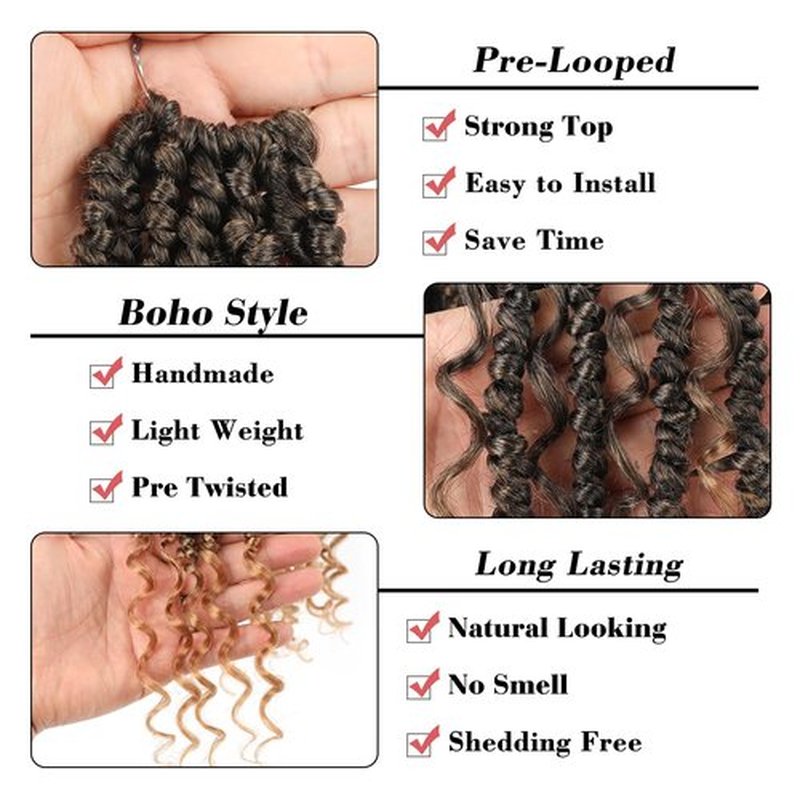 Leeven 10 Inch Goddess Passion Twist Crochet Hair 8 Packs Ombre Honey Blonde Boho Style Crochet Twist Pre Twisted Bomb Twist Curly Ends Pre Looped Bohemian Synthetic Braids for Women #T27