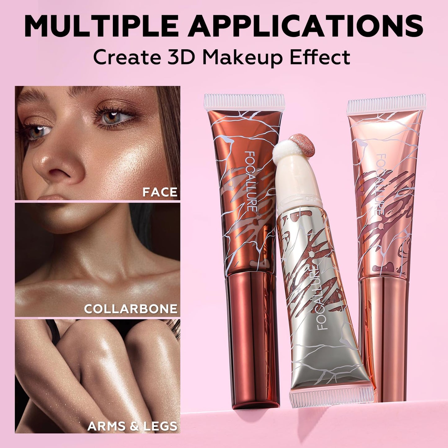 FOCALLURE 3 PCS Liquid Contour Stick,Moisturizing Highlighter,Blush and Bronzer,Silky Cream Contouring Pen with Soft Cushion Applicator,Long Lasting Face Illuminator Makeup,Daisy Chain
