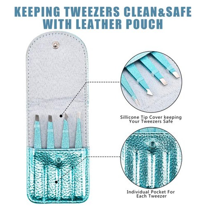 Amytor Eyebrow Tweezer Set, 4 Pcs Professional Stainless Steel Tweezers for Women, Precision Tweezer for Facial Hair, Splinter and Ingrown Hair Removal（Cyan）