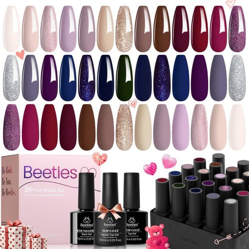 beetles Winter Gel Nail Polish Set 20 Colors Neutral Shimmer Nude Brown Red Gel Polish Royal Blue Gel Nail Kit with Base Matte&Glossy Top Coat Soak off Uv Lamp Manicure Set Winter Gift for Women