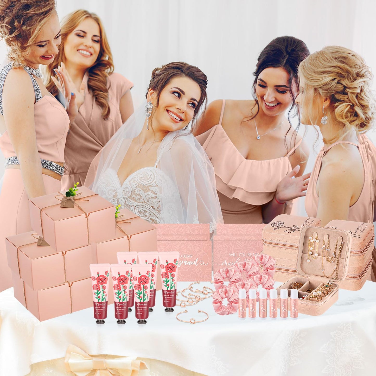 Teenyyou 60 Pcs Bridesmaid Proposal Gifts Bridesmaid Box Set Maid of Honor Gift Wedding Bridal Shower Include Jewelry Box Glass Cup Scrunchies Hair Knotted Bracelets Hand Cream Lip Balm Cards(Pink)