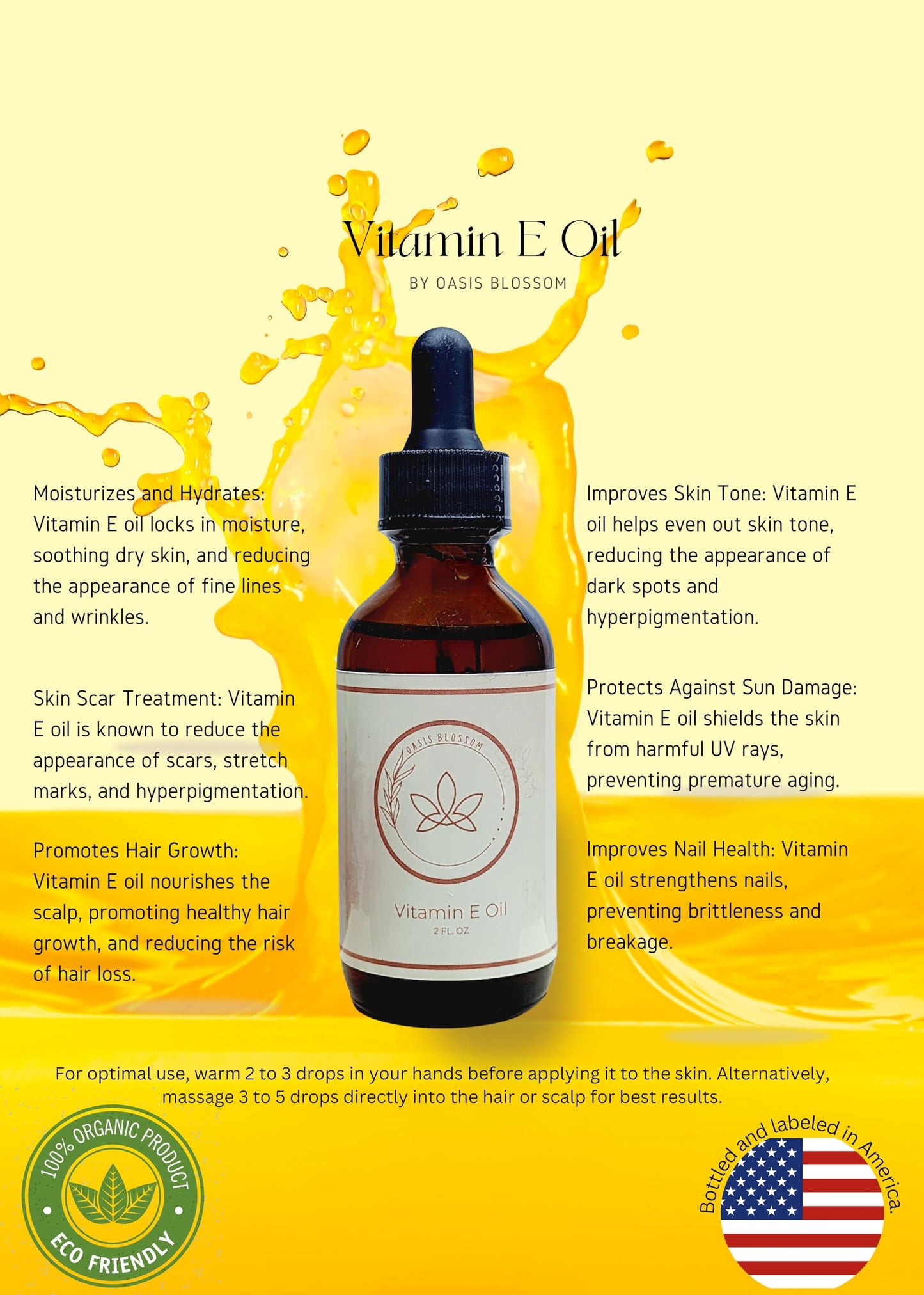Oasis Blossom Organic Vitamin E Oil for Skin, Face & Scars - Pure & Natural Liquid Formula - 74000 IU - 100% Pure & Natural Vitamin E Oil - 2 Fl. Oz.