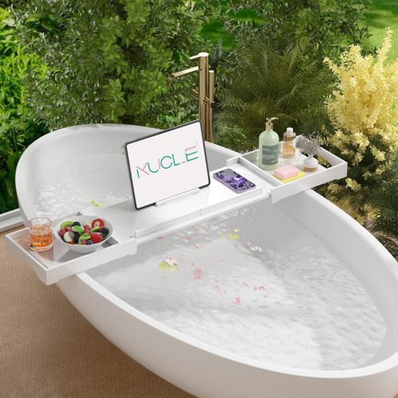 Kucle Expandable Acrylic Bathtub Tray - 23-42 Inches Bath Caddy Tray for Bathtub, Luxury Bath Tub Tray Table for Home Spa, Bath Tray for Tub, Bathroom Tub Accessory Birthday Gift for Her (White)