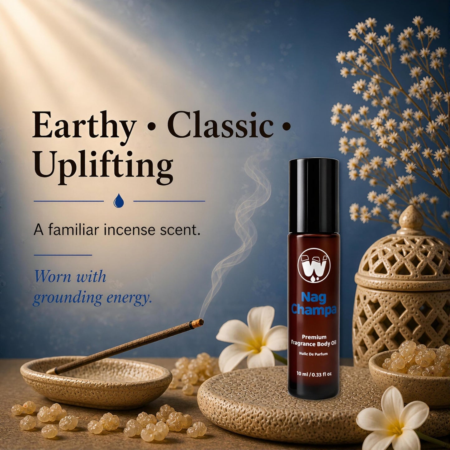 WagsMarket - Nag Champa Perfume Oil, from 0.33oz Roll On to 4oz Glass Bottle (0.33oz Roll On)