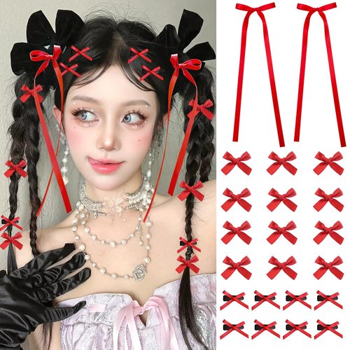SAOROPEB Mini Hair Bows for Women Girls Cute Hair Clips Small Alligator Long Tail Hair Ribbon Accessories -3 Styles -22P - Red