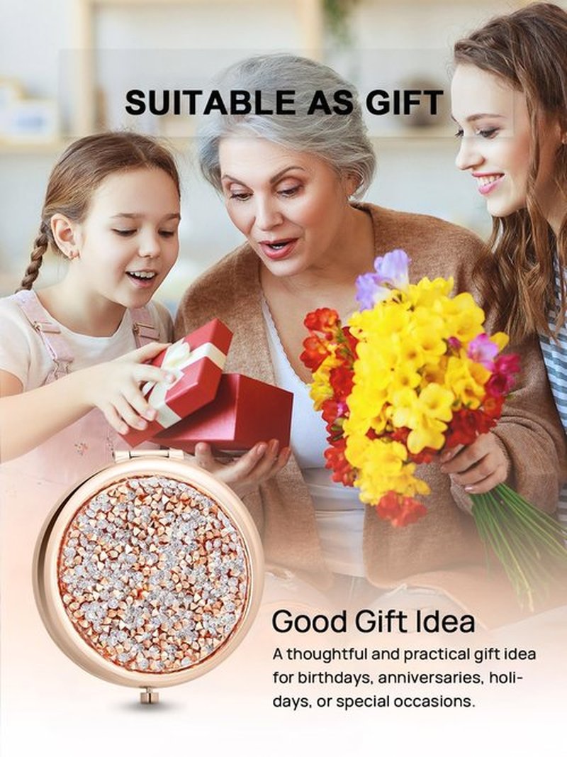 Getinbulk Compact Mirror for Purse, Double-Sided 1X/2X Magnifying Round Metal Pocket Makeup Mirrors(Rose Gold, Mix Diamond)