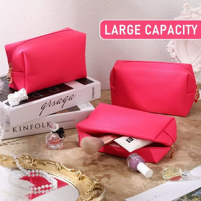 6 Pcs Preppy Patch Makeup Bag PU Leather Cosmetic Bag Waterproof Neat Travel Toiletry Pouch Portable Makeup Bag for Women Friends Cosmetic Organizer Travel Toiletry Pencil Case (Rose Red)