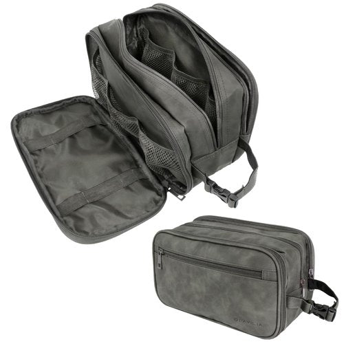 PAVILIA Toiletry Bag for Men, Travel Toiletries Bag | Water-resistant Dopp Kit, PU Leather Shaving Pouch Organizer for Accessories, Cosmetic, Hygiene, Grooming Essentials (Dark Gray)