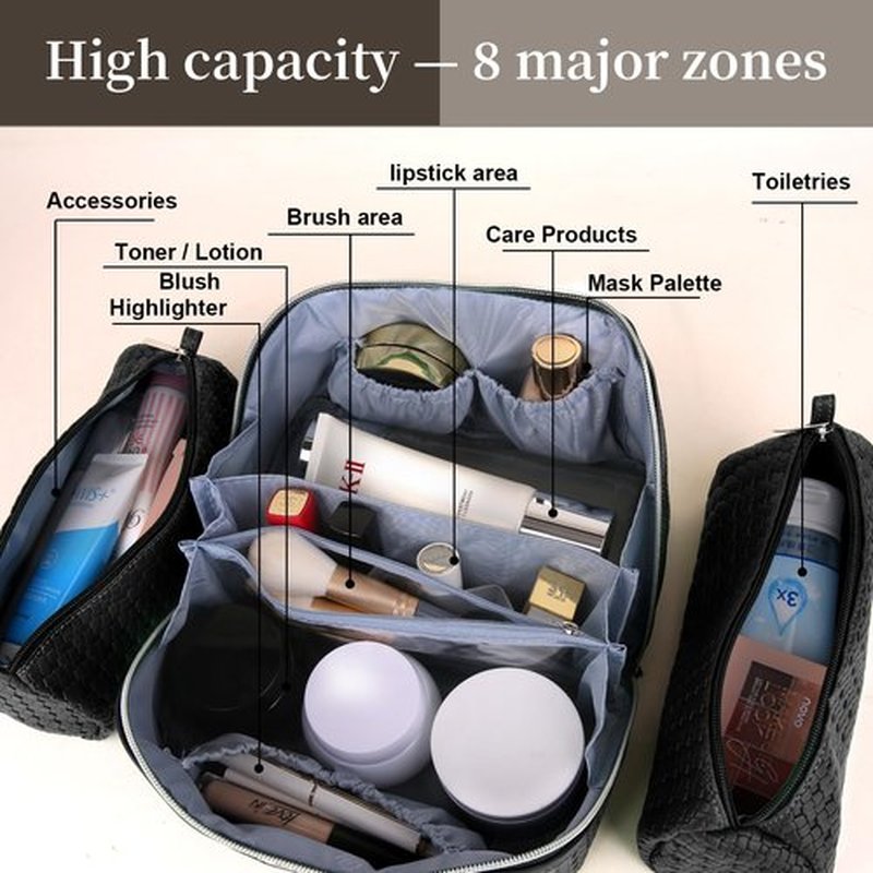 Travel Makeup Bags Cosmetic Organizer Bag: Large Capacity Make up Bag Set of 3 - Vegan Leather Woven Toiletry Bag for Women - Portable Makeup Organizer with Compartments & Handle & Divider Black
