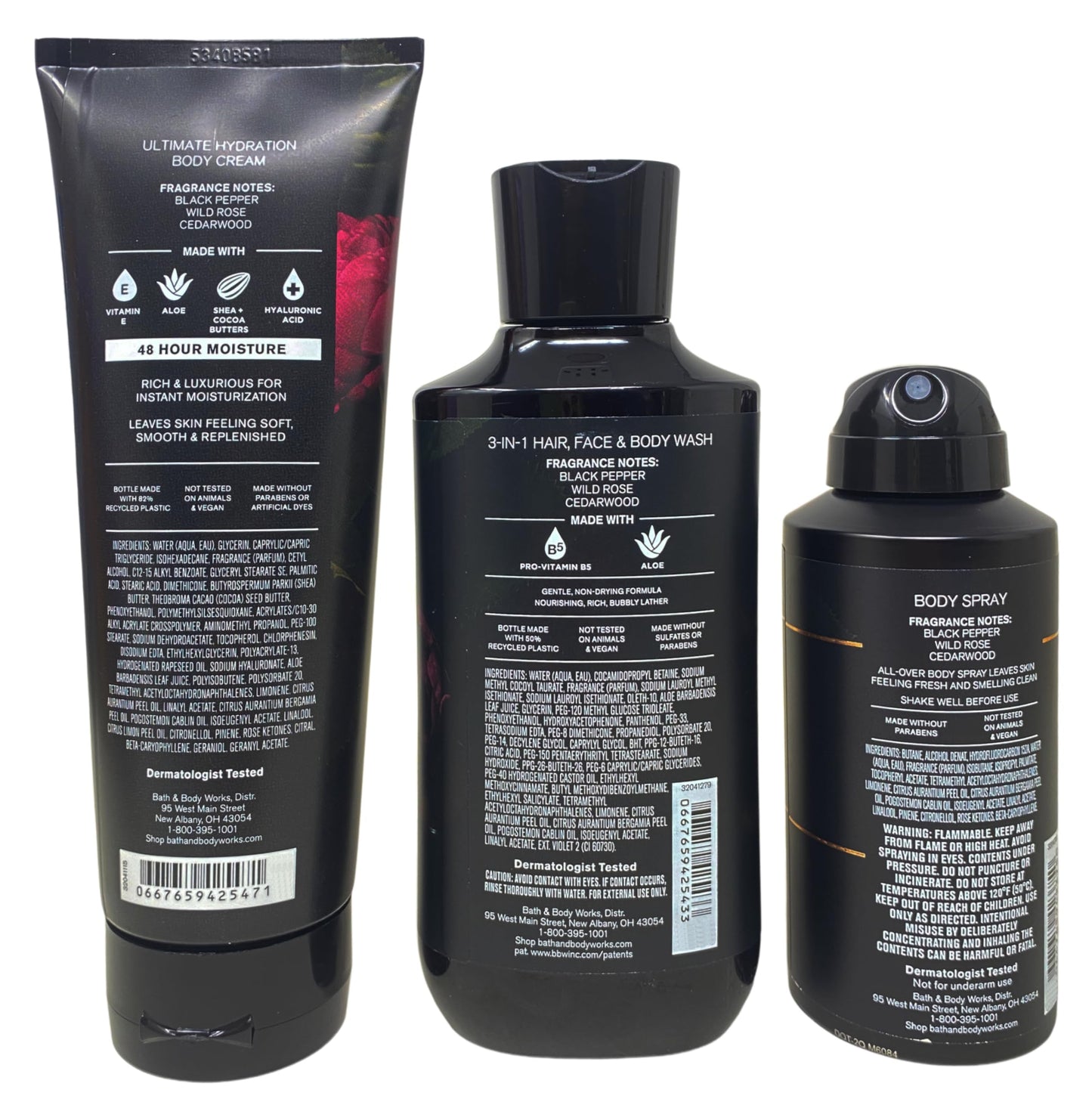 Bath & Body Works The Men's Collection Nocturnal Rose Ultimate Hydration Body Cream, 3-in-1 Hair, Face & Body Wash and Body Spray with a Charcoal Scrub Bar Soap