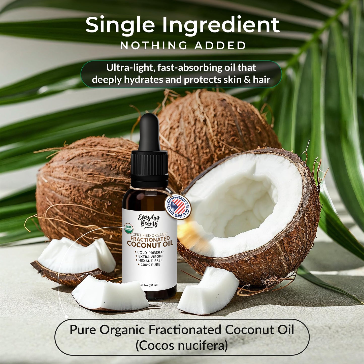Organic Fractionated Coconut Oil | 100% Pure, Cold-Pressed | USDA Certified Organic | Amber Glass Bottle with Glass Dropper | For Face, Skin, & Hair - 1 Fl Oz