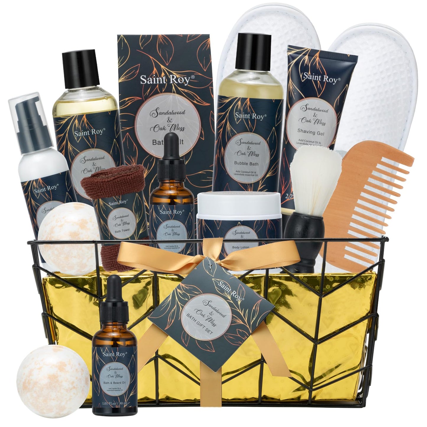 15 Pcs Sandalwood Oak Moss Gift Baskets for Men, Bath & Body Gift Set for Man, Father's Day Gifts, Beard Grooming, Home Spa & Self Care Gift Basket, Christmas, Birthday, Dad, Husband, Boyfriend