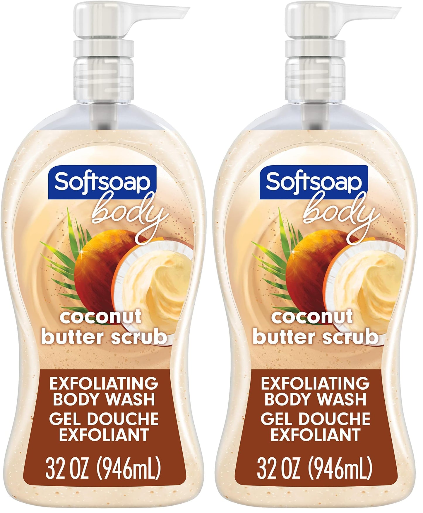 Softsoap Body Wash Pump, Coconut Butter Scrub, Exfoliating Body Wash, WHITE (Package May Vary), 32 Ounce (Pack of 2)