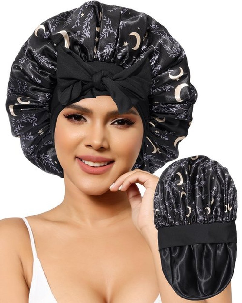 Satin Bonnet for Women Silk Bonnets for Sleeping Curly Hair Bonnet with Elastic Tie Band Reversible Double Layer Sleep Cap Hair Wrap (Black)