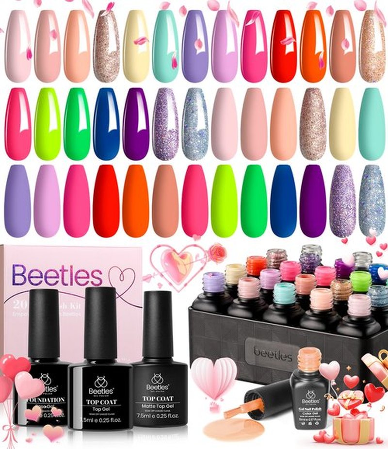 Beetles 23Pcs Gel Nail Polish Set Pastel Bright Colors Gel Polish Kit Red Hot Pink Glitter Gel Nail Polish with Base Gel Top Coat Soak Off Uv Led Nail Gel Gifts for Women