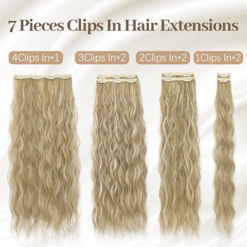 KooKaStyle Hair Extensions, 7PCS Clip in Long Mermaid Wavy Hair Extensions Thick Natural Hairpieces Double Weft for Women Full Head (20 Inch, Dirty Blonde Mix Bleach Blonde)