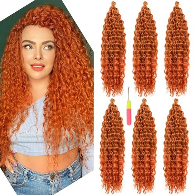 Ocean Wave Crochet Hair 22inch, Orange Curly Braiding Crochet Hair, Synthetic Wavy Crochet Hair Extensions for Women 6packs # 30/145T