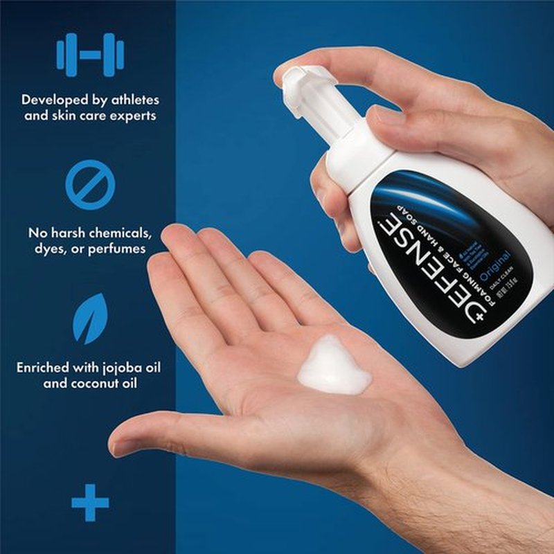 Defense Liquid Foaming Face & Hand Soap 7.5 Fl Oz with Tea Tree, Eucalyptus, Jojoba, Aloe Vera, Olive & Coconut Oils