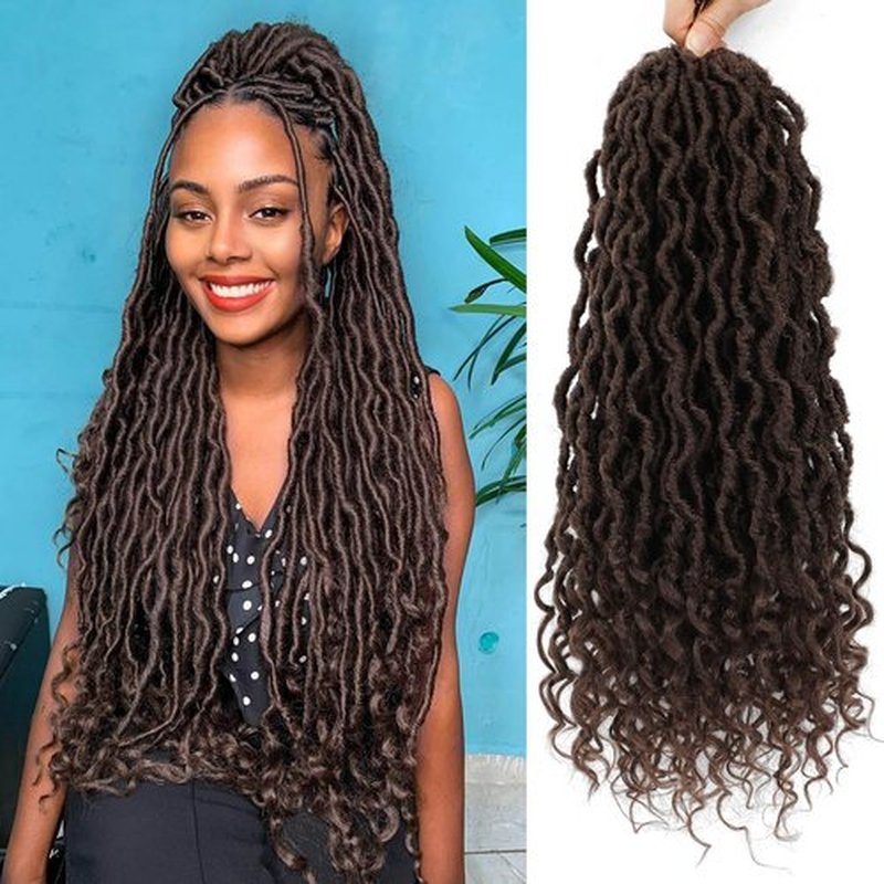 Goddess Locs Crochet Hair 18 Inch 6 Packs Color 33 Faux Locs Crochet Hair Pre Looped Crochet Faux Locs with Curly ends(33#, 18 Inch, 6 Packs)