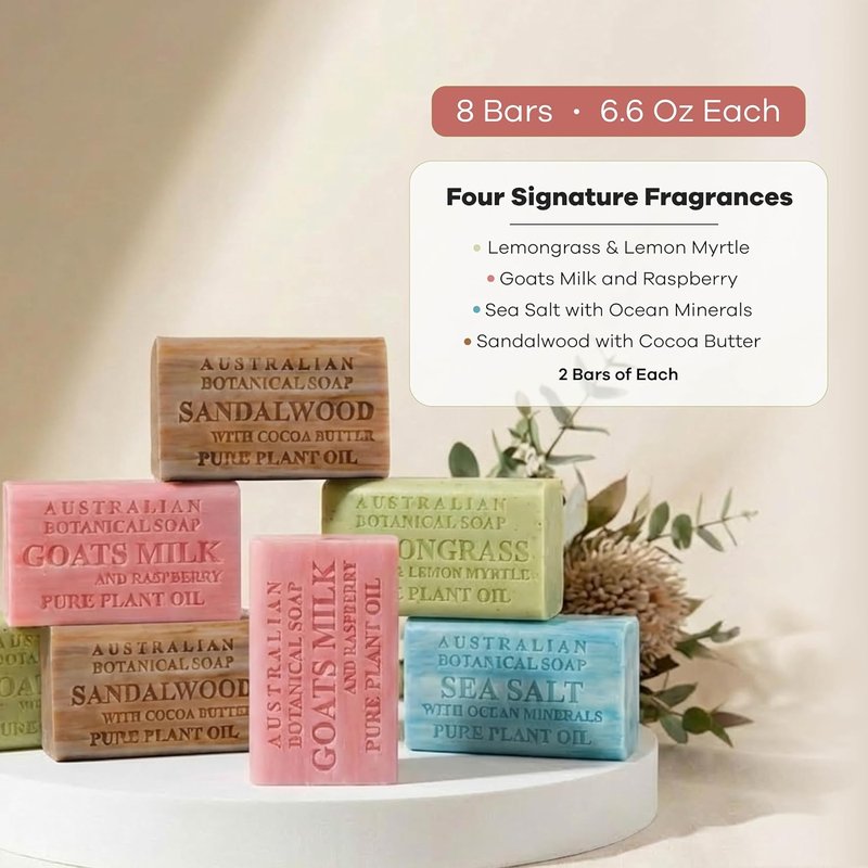 Australian Botanical Soap - 8-Pack Variety Bar Soap Set | 6.6 oz Each - Sandalwood, Sea Salt, Goats Milk Raspberry, Lemongrass, Lemon Myrtle