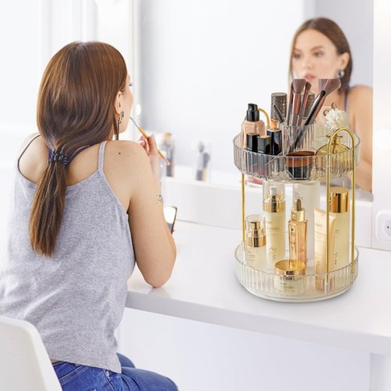 Aveniee 360 Rotating Makeup Organizer for Vanity, Upagraded Perfume Skincare Bathroom Counter Organizers with Brush Divider, Two Tier Spinning Lipstick Cosmetic Makeup Lotion Storage Organizer(White)