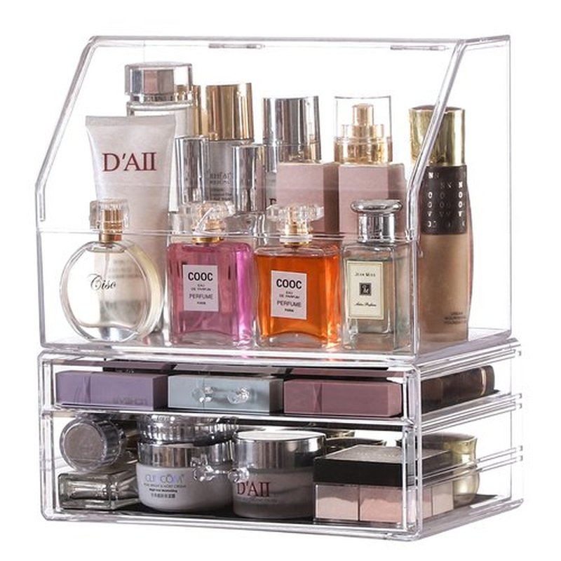 Cq acrylic Makeup Storage Organizer with Dust Water Proof Lid,Clear Cosmetics Display Case with 2 Drawers for Make Up & Skincare Products Storage for Dresser,Bathroom Countertop Organization,Set of 2