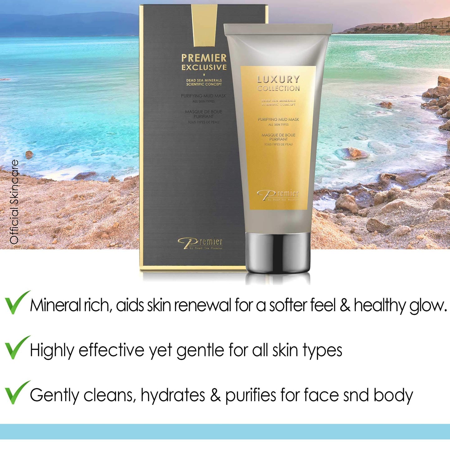 Premier Dead Sea mud mask, anti-aging skin care, pore refining mask, witch hazel, aloe vera gel, minerals, nutrients & antioxidants black face mask for body & facial mask skin care 4.4FL.oz