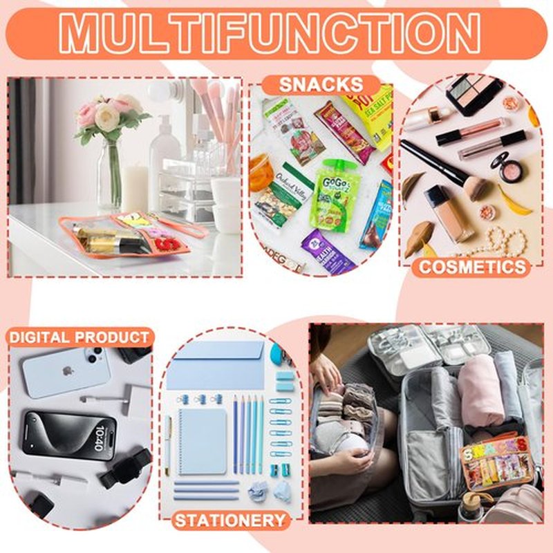 Snack Bag for Travel - Clear Chenille Varsity Letter Flat Pouch with Zipper, Waterproof Clear PVC&PU Preppy Patch Makeup Cosmetic tote Bags for Women Girls (Orange-Snacks)